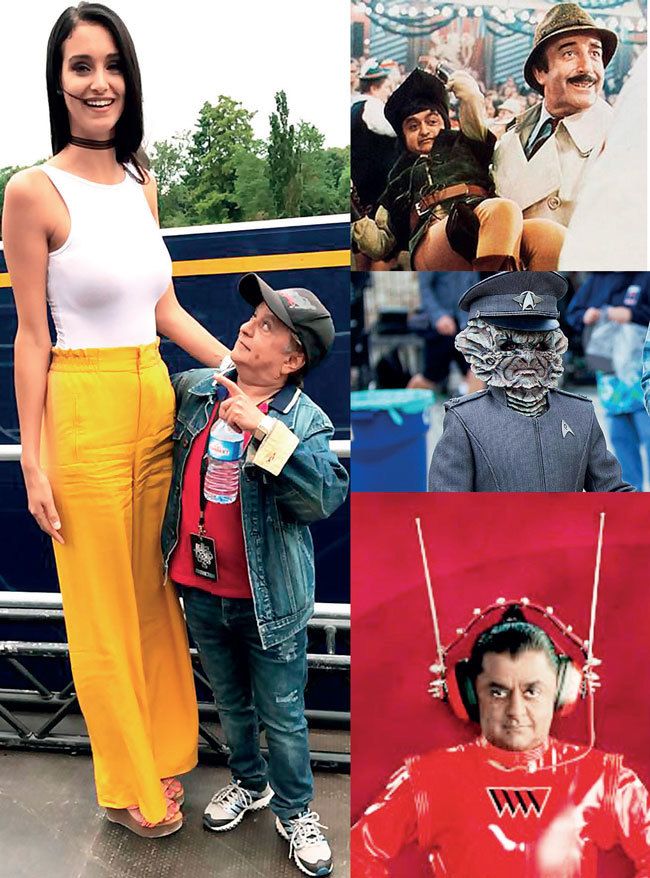 (Clockwise) Deep Roy with a French model in Paris; The Pink Panther Strikes Back; A still from Star Trek; Charlie and the Chocolate Factory
